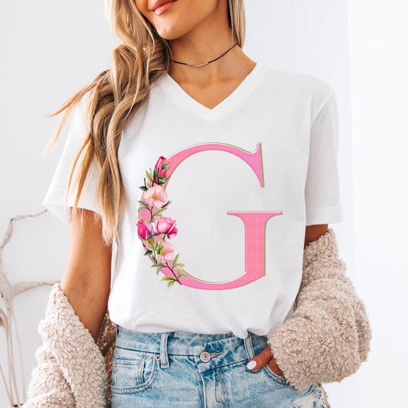 Floral Initials Unisexs Vneck Tshirt Az 26 Alphabet Fashion Casual Tops Pink Flower Short Sleeve Tee Letter S Floral Gift Top
