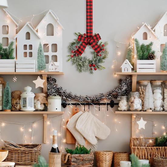 Yousheng 9" Mini Christmas Wreath Artificial Frosted Pine Wreath with Red Berry Buffalo Plaid Bow for Farmhouse Indoor Outdoor Kitchen Cabinet Decor