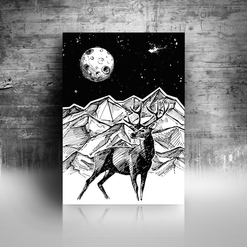 Affiche cerf nuit montagnes illustration
