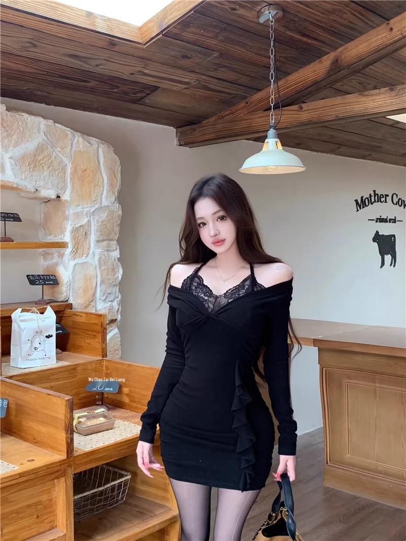 Black Lace Splicing Halter Neck Two-Piece Bodycon Mini Dress - Winter Style for Women L