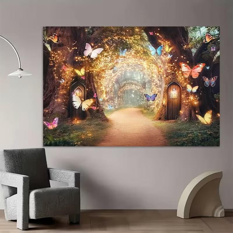2D Glowing Forest Tapestry, Magical Tree Path with Butterflies & Lights Background Cloth