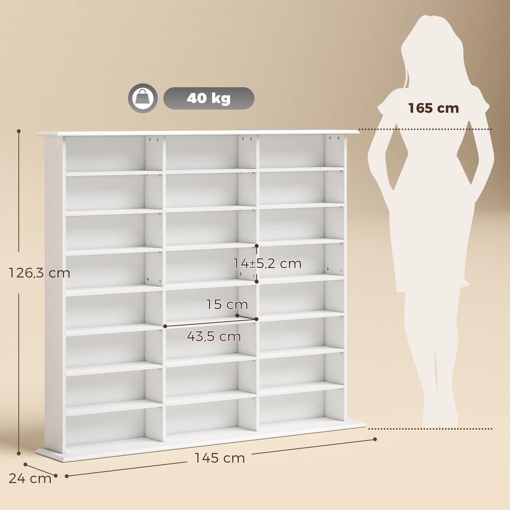 Multimedia Storage Shelf for 1032 CDs / 594 DVDs, 24 Compartments, 18 Adjustable Shelves, White