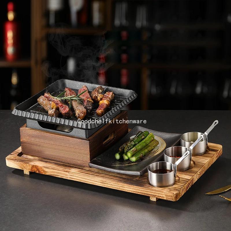 Korean Style Barbecue Stove Set Dining Room Single and Double Tableware Cast Iron Barbecue Plate Square Alcohol Oven Baking Tray