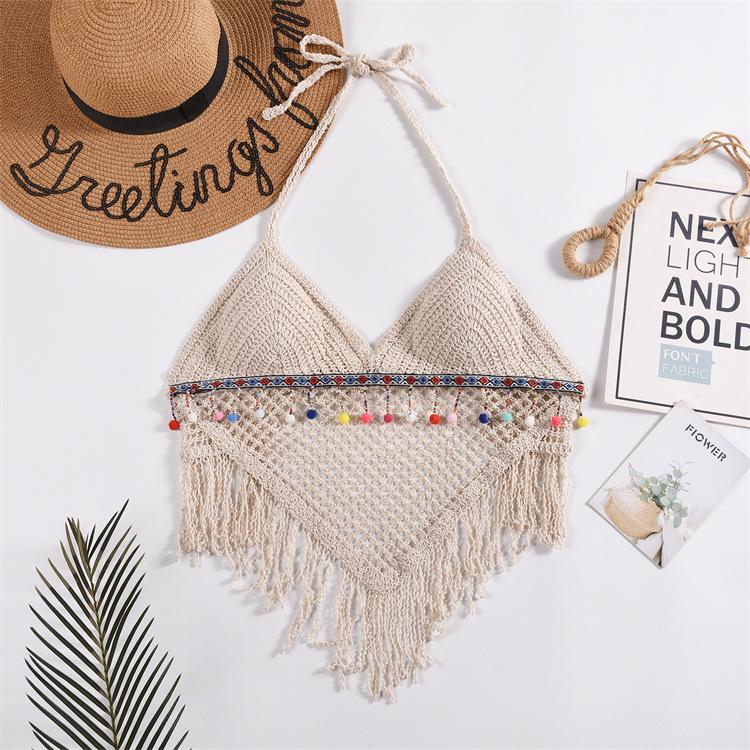 Lace-up Neck Small Vest, Sling Women's Summer Short Style with Chest Pad Inside, Backless Hollow Tube Top Embroidered Vest