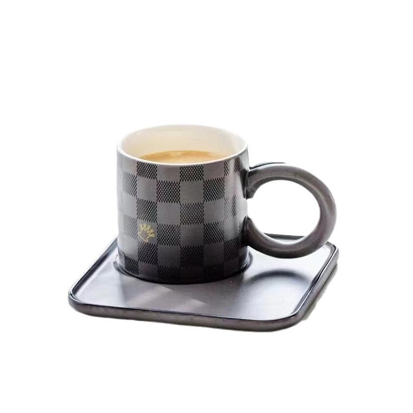 Nordic Ceramic Breakfast Cup Disk Set with Disk Ceramic Afternoon Tea Cup Checkerboard Ceramic Coffee Cup Disk Mug