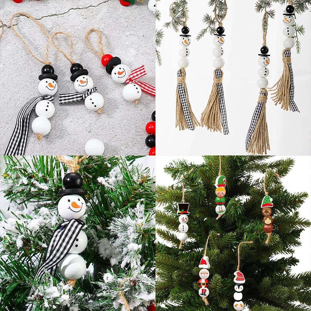 Christmas Snowman Wooden Beads Set DIY Xmas Tree Hanging Pendants Winter Santa Ornaments Creative Handmade Wood Loose Bead Decor