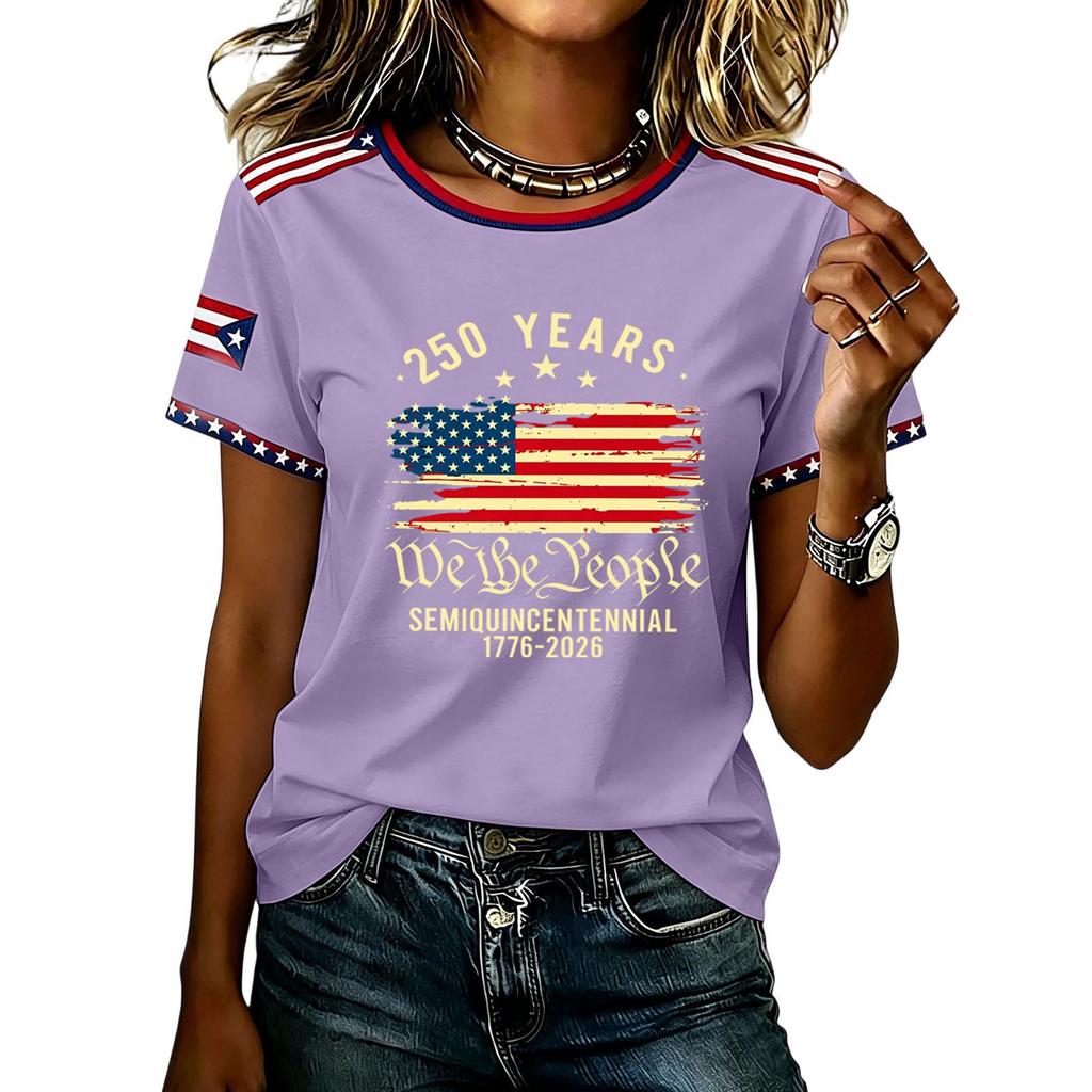 Womens Short Sleeve Crew Neck T Shirt Semiquincentennial 250 Years We the Flag Print Casual Top