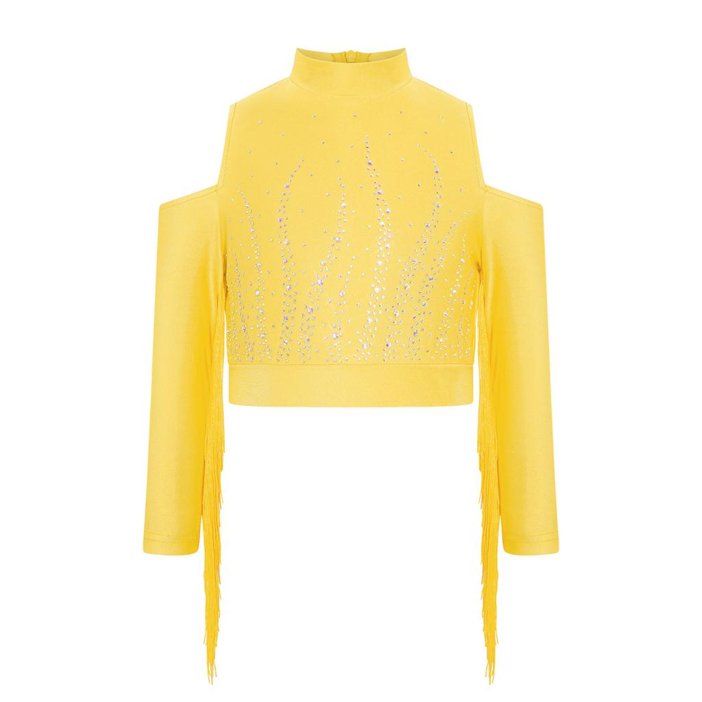 Girls Latin Dance Tops Tassels Long Sleeves Back Invisible Zipper Shiny Rhinestones Crop Top