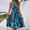 Women's Spring And Summer Casual V-Neck Sleeveless Waist Floral Print Midi Dress