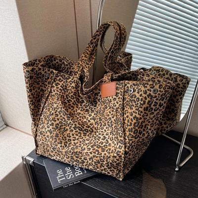 Oversized Leopard Prints Shoulder Bags For Women Deformable Canvas Large Capacity Shopping Totes 2024 Winter New Luxury Handbags