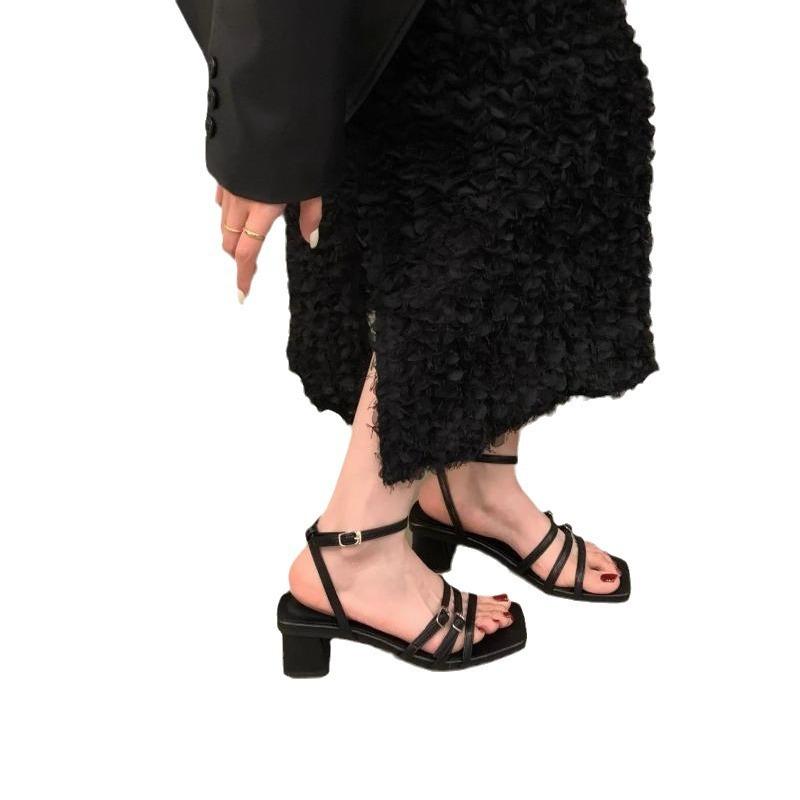 2025 New Summer Temperament Silver Thick Heel Roman Shoes French Medium High Heel One Word with Sandals Fairy Shoes