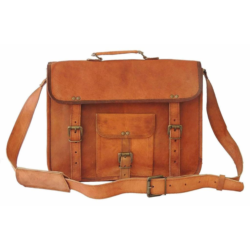 Men Goat Leather Vintage Brown Messenger Shoulder Laptop Bag Briefcase