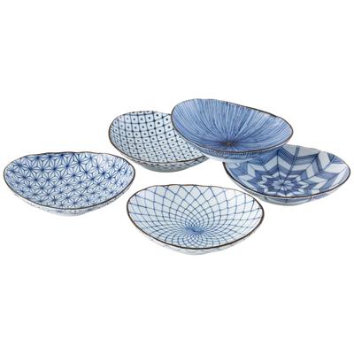 Mino-keramikk boller, tallerkener og serveringsfat, ca. 14 x 12 cm, sett på 5 stk, antikt fargemønster, laget i Japan, produktnummer 20639