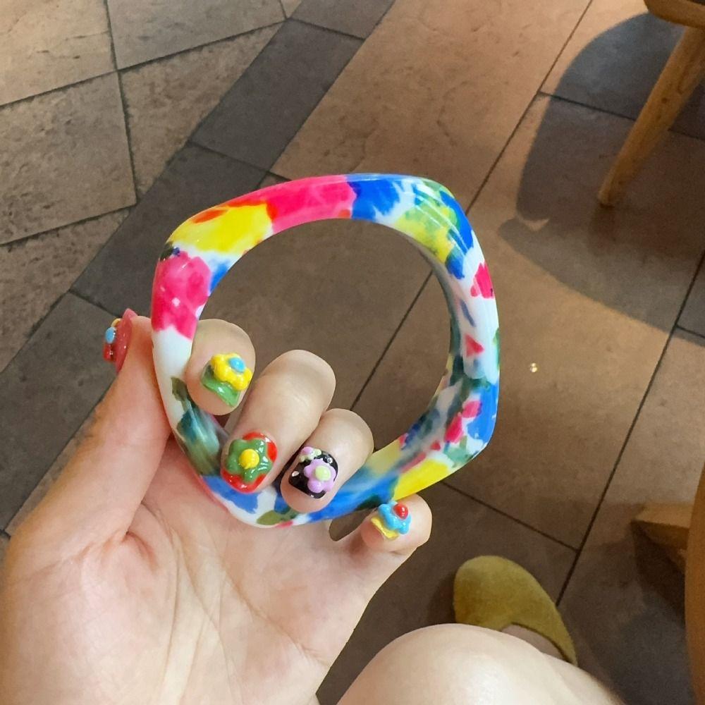Bohemian Vintage Floral Resin Bangle Minority Design Flower Print Square Chunky Bangle Decoration