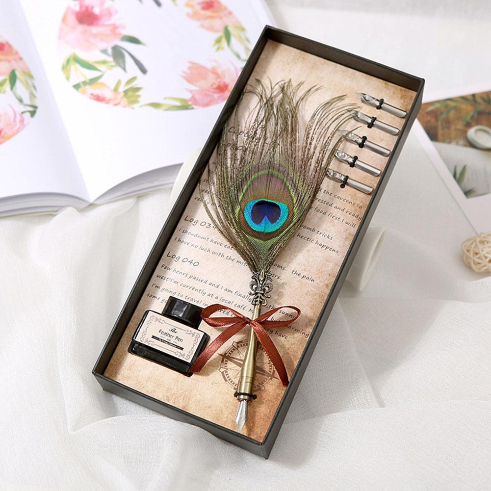 Calligraphy Peacock Feather Dip Quill Pen Writing Ink Set Stationery Gift Box With 5 Nibs