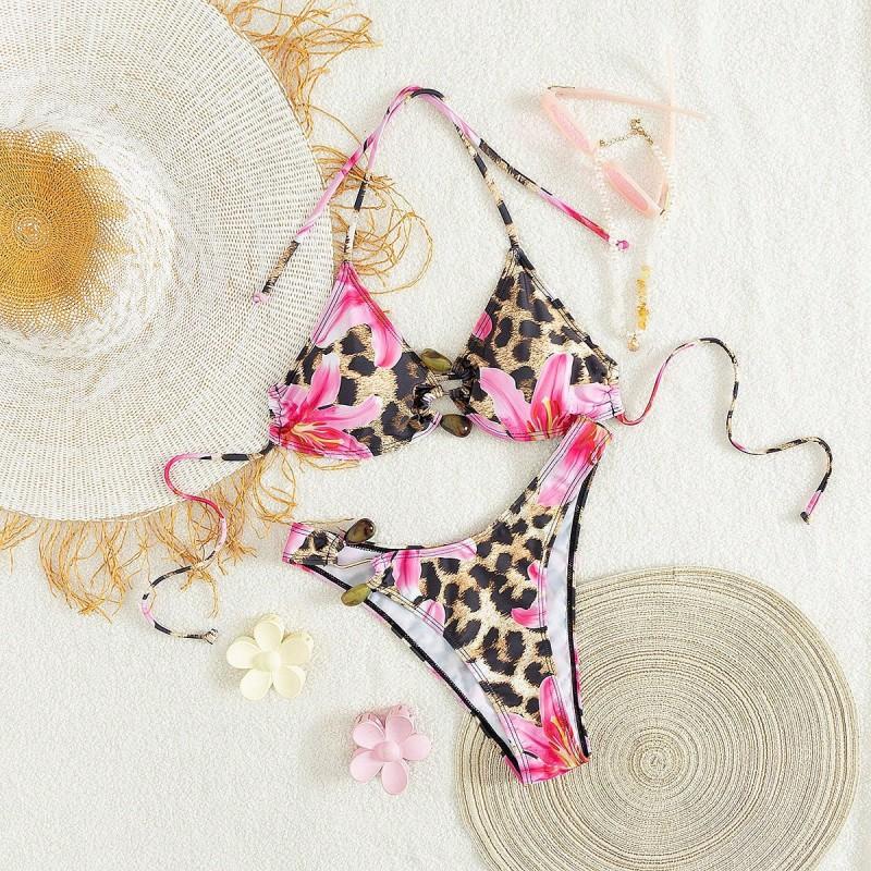 Leopard Print Flower Split Women s Swimsuit Bikini Set S