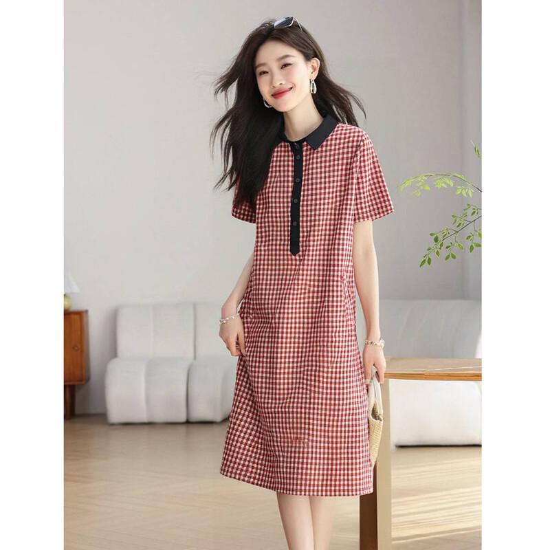 D.F.DEAR Women's Petite Plaid Patchwork Polo A-Line Dress