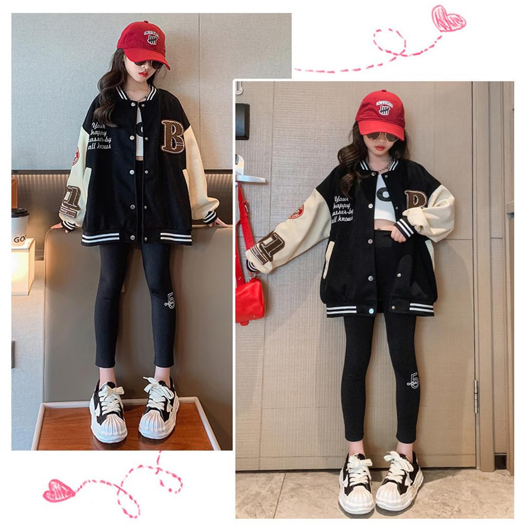 YY-Natuhi Girls Varsity Jacket, Letter Patch, Long Sleeve Bomber, 1 Black, Size 130