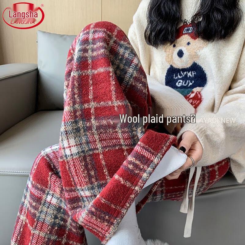 Lansha Women's Winter High-Waist Fleece-Lined Plaid Wide-Leg Pants