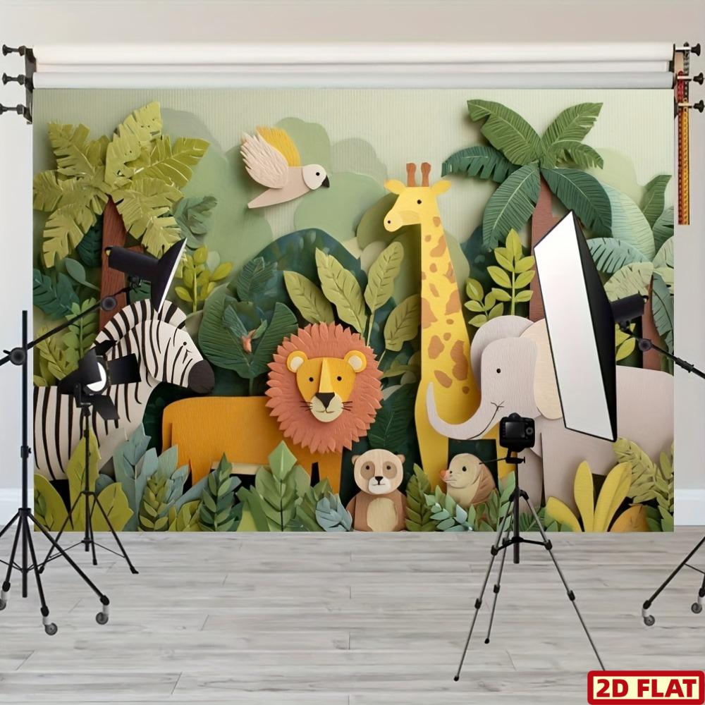 Animal Jungle Tapestry Safari Wildlife Lion Giraffe Zebra Elephant Parrot Kids Room Nursery School Classroom Educational Wall 74x94cm(29x37in)