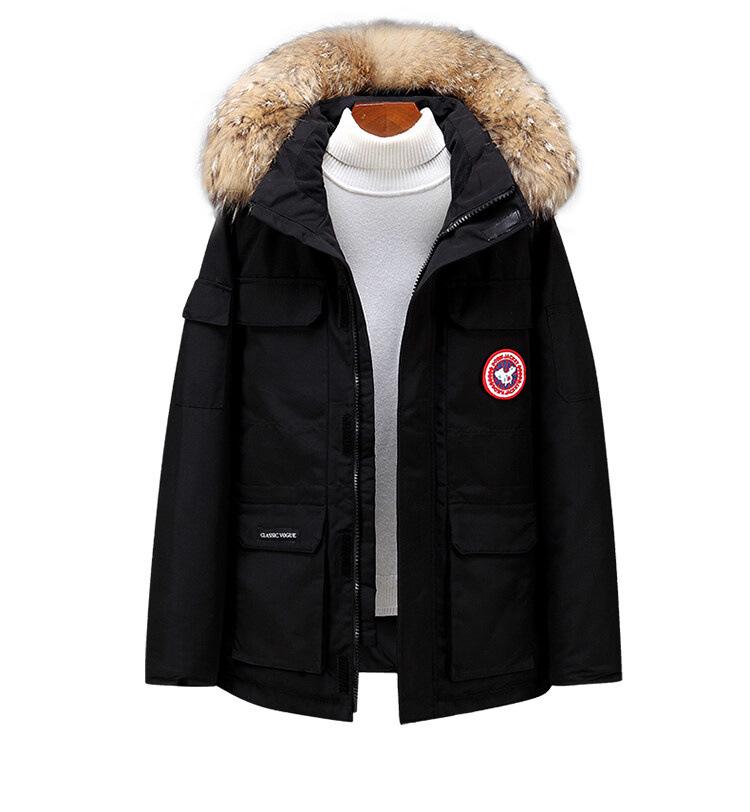 Unisex White Duck Down Jacket with Large Fur Collar, Multi-Pocket, Hooded, Warm and Trendy Workwear Style.