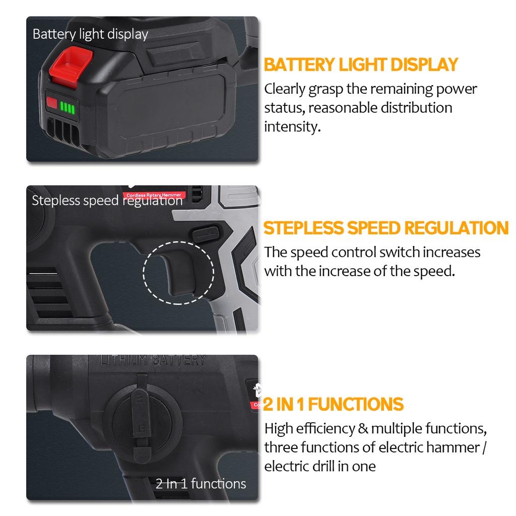 1000 W wiederaufladbarer elektrischer Bohrhammer, 15000 mAh, kabelloser Multifunktionshammer, Schlagbohrmaschine, Elektrowerkzeug