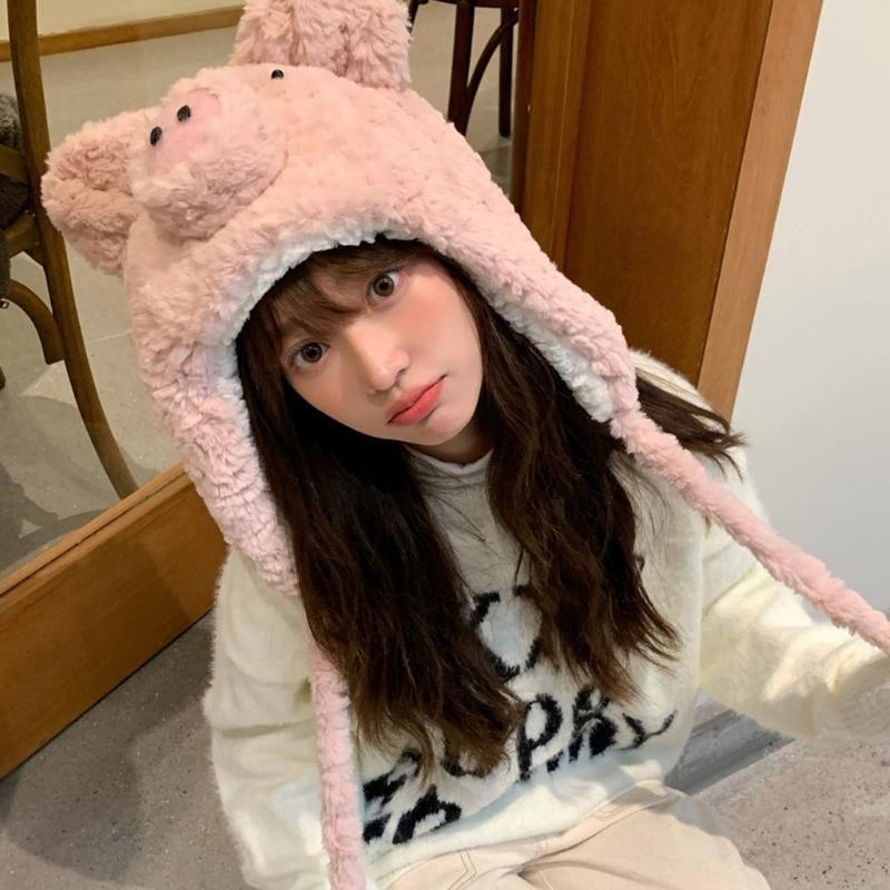 Furry Pig Ear Hat for Adult Teens Plush Earflap Hat for Shopping Skiing Windproof Beanies Hat for Cold Weather Headwear