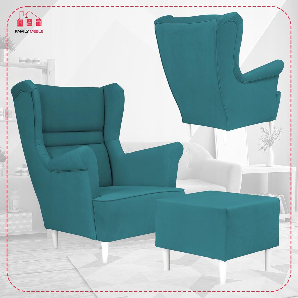Zoja Wing Chair with Footrest Scandinavian Family Meble Turquoise Velvet