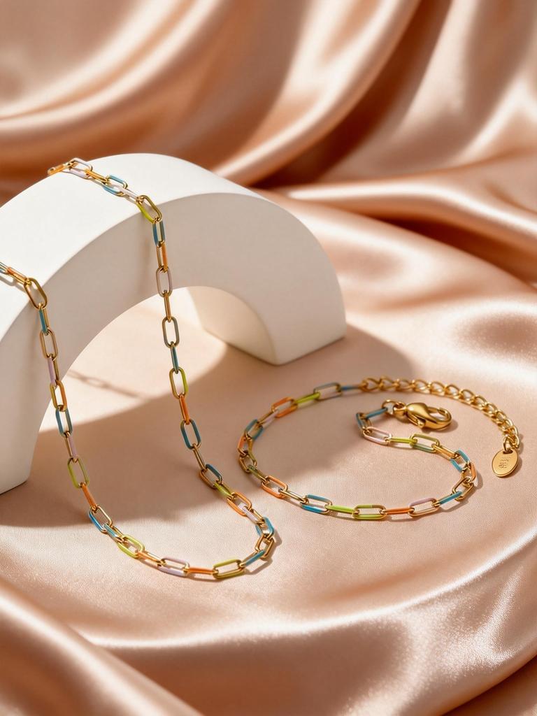 Bohemian Summer Colorful Drip Oil Stainless Steel Chain Necklace Bracelets for Women, Aesthetic Boho Jewelry Set Accessories