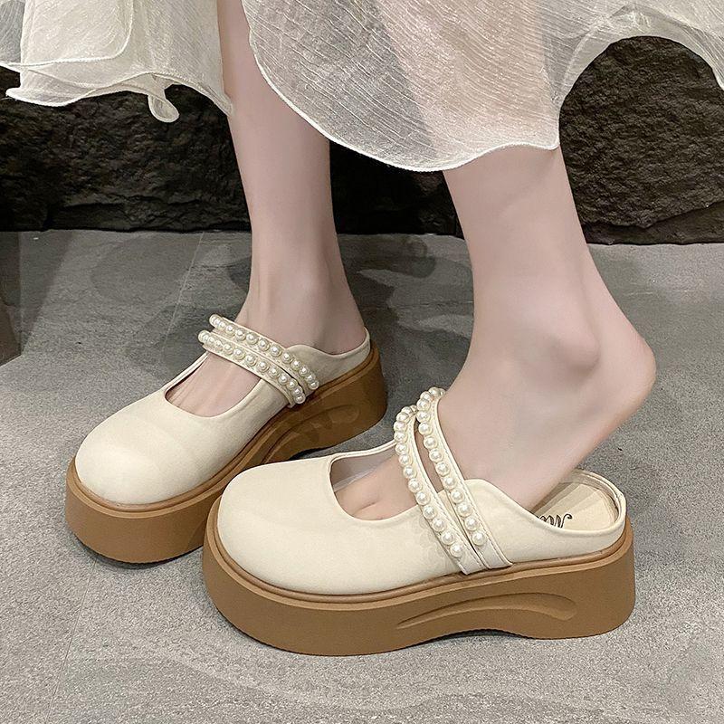 Pearl gentle bag head slippers women's new summer temperament Mary Jane shoes round head simple flat sandals