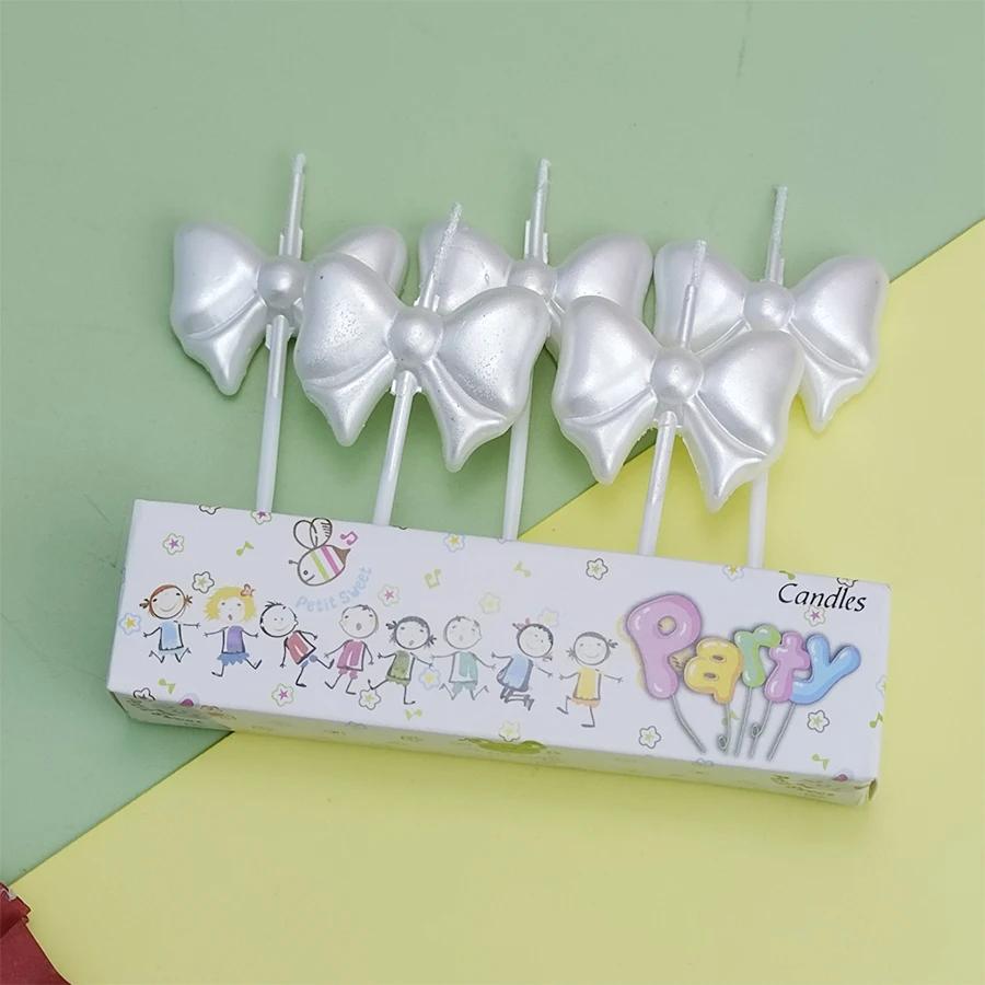 

Bow Happy Birthday cake Candle Pink Silver Cute Creative Princess Party Cake Decoration Girl Birthday Decoration