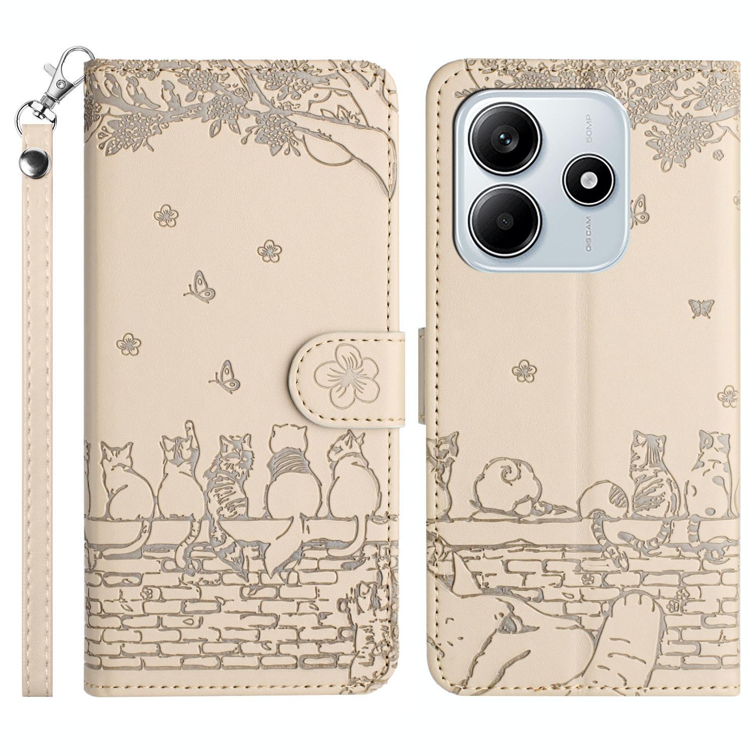 

For Xiaomi Redmi Note 14 5G Case with Wrist Strap Leather Phone Cover Wall Cats Pattern Apricot