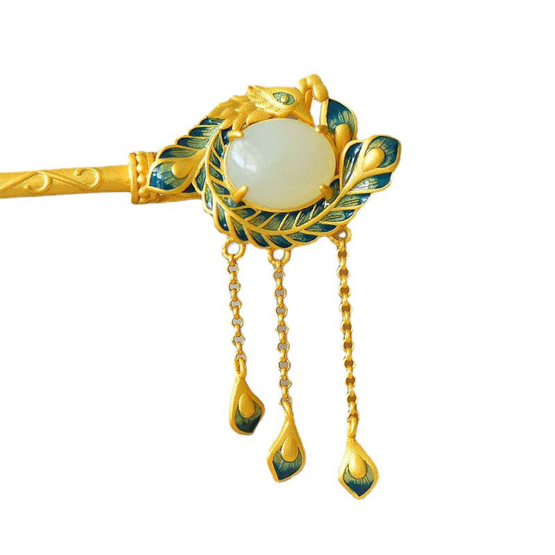 Retro smaltovaná zelená páví střapec tiára Starozlaté řemeslo Přírodní Hotan Jade vlásenka Hanfu vysoce kvalitní vlasový šperk doplněk