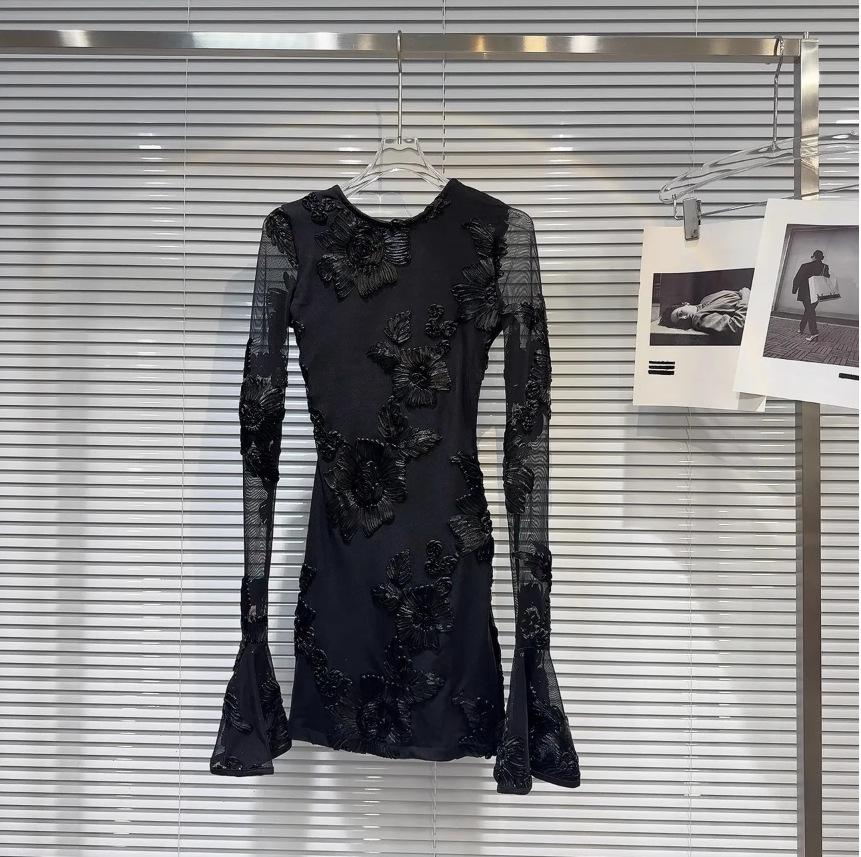 Floral Embroidered Backless Halter Dress with Trumpet Sleeves