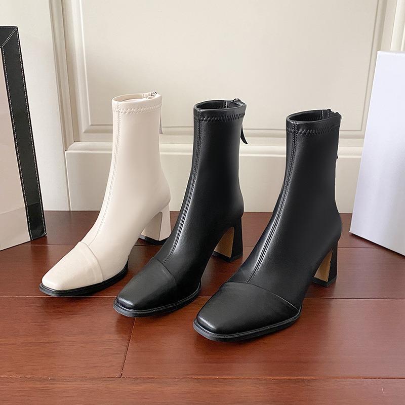 New black high-heeled thin boots women's thick-heeled elastic boots autumn and winter soft leather retro square head short boots