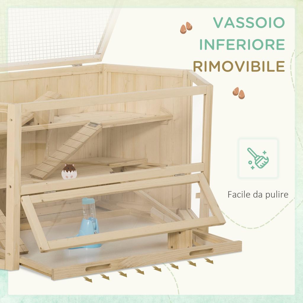3-Tier Wooden Hamster House with Opening Roof and Transparent Wall, 115x60x55cm