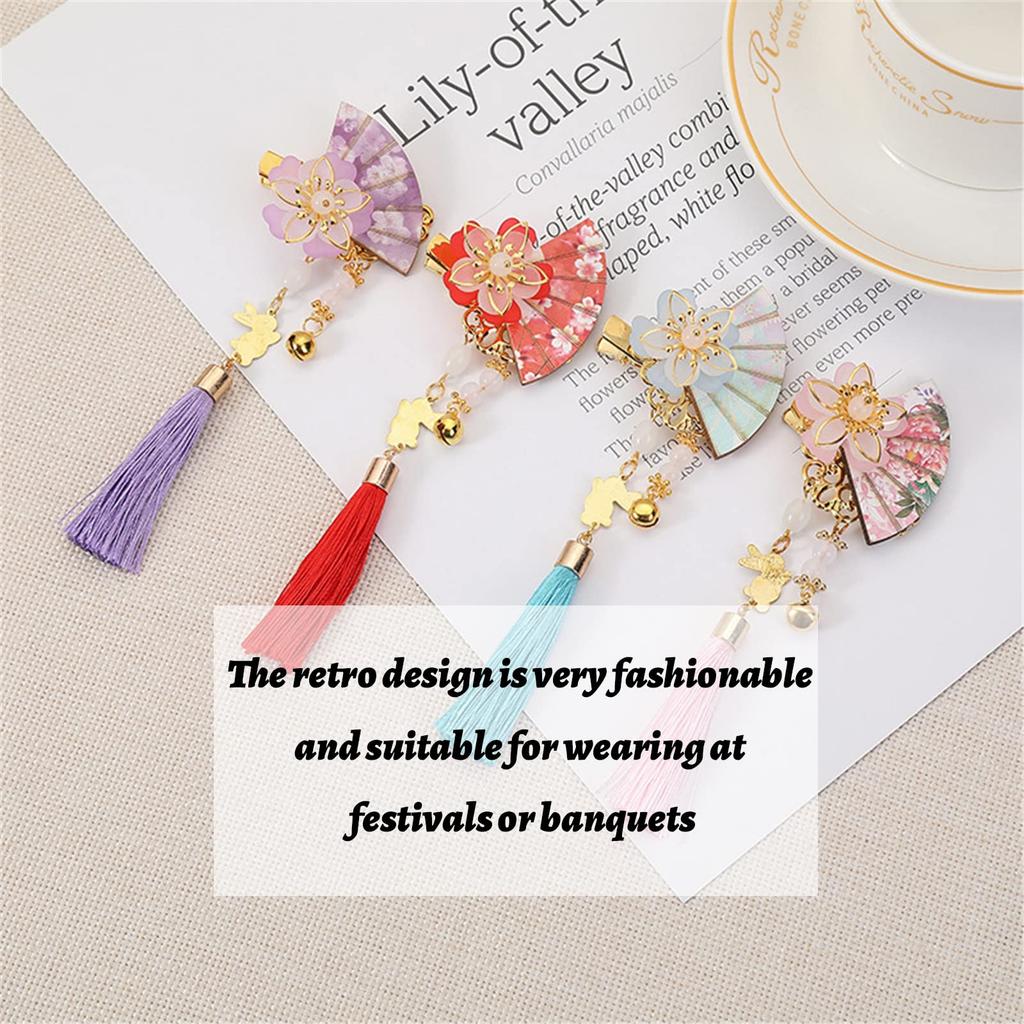 Fan Hair Ornament with Tassel and Flower Design, Hair Clip, Chinese Style, Hanfu, Yukata, Kimono, Hair Accessory, Headpiece, Children's Hair