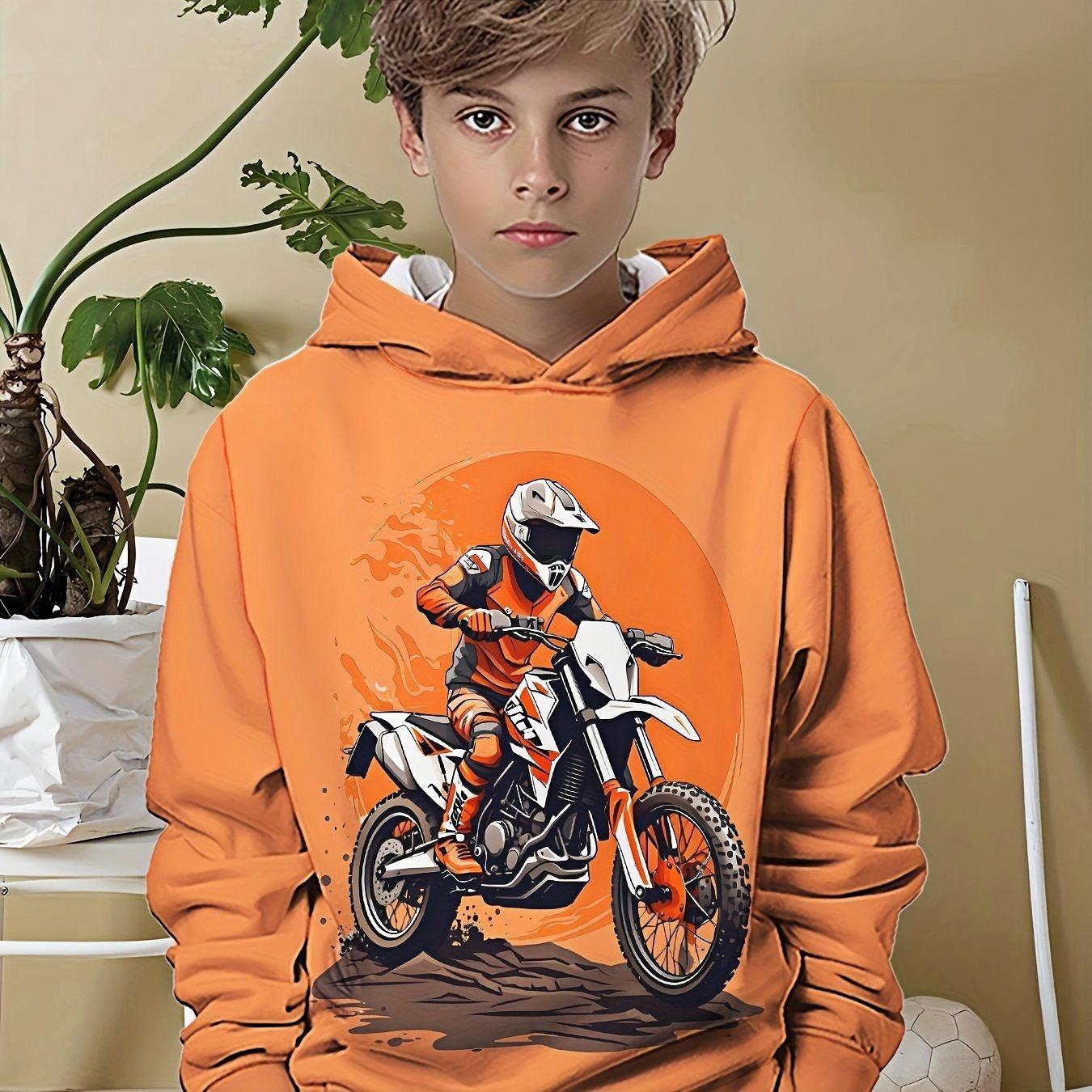

Boys Orange Off road Motorcycle Rider Hoodie, Dynamic Printed Boys Trendy Cool Casual Hoodie 13-14Y