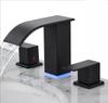 LED Waterfall Bathroom 3 Holes Basin Faucet, 2 Handles Cold Hot Water Mixers Sink Tap RGB Color Change Powered by Water Flow