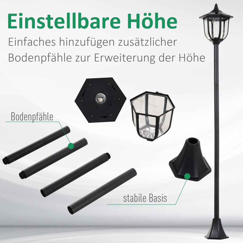 Solar LED Garden Lantern, Plastic, 177 cm High, 30/60 Lumens, for Garden, Balcony, Black