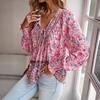Women's V Neck Tie Front Floral Print Long Lantern Sleeve Loose Blouse Boho Casual Shirt