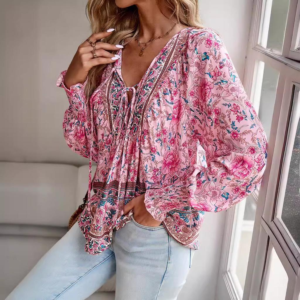 Women's V Neck Tie Front Floral Print Long Lantern Sleeve Loose Blouse Boho Casual Shirt