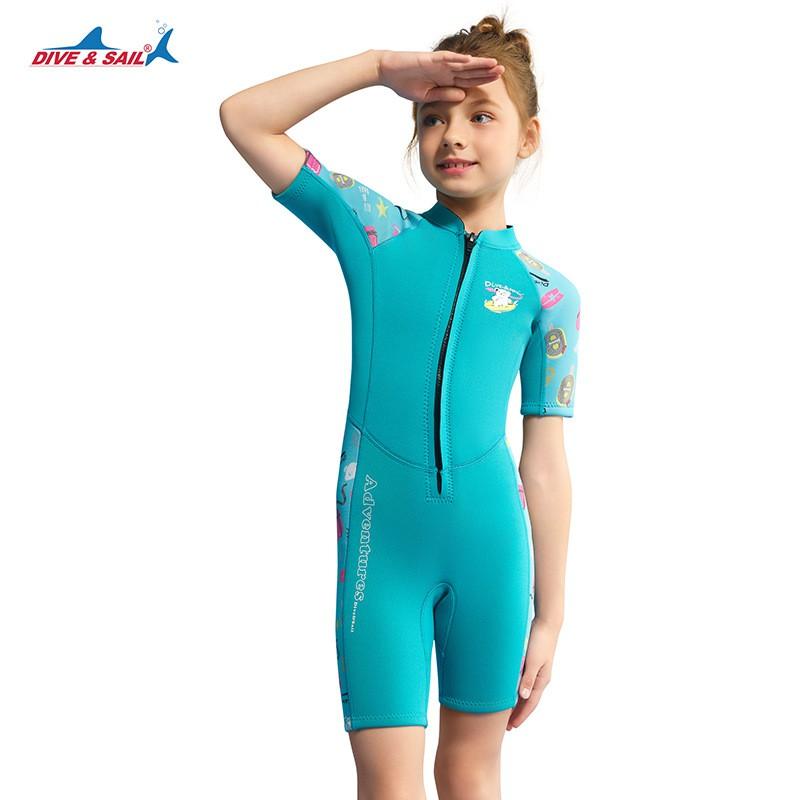 Kids Girls 1.5mm Neoprene Wetsuit Short Sleeve Full Body Diving Surfing Swimsuit Swimming Water Sports