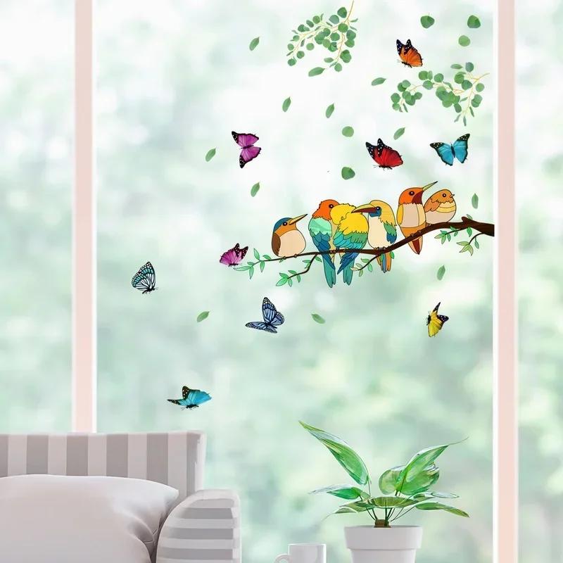 Home Wanddekoration doppelseitig Zweig bunt Vogel Schmetterling Wandaufkleber elektrostatische Glasfenster visuelle Wandaufkleber