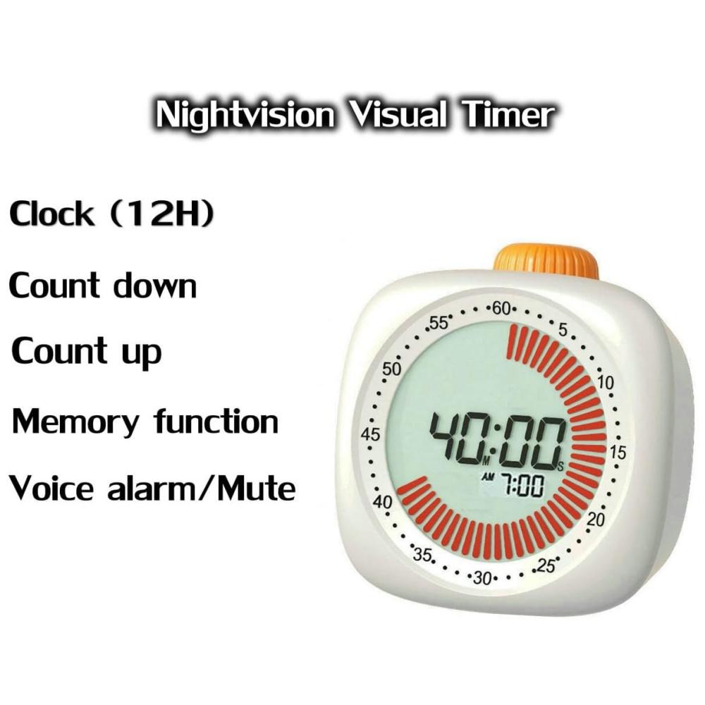 Pomodoro Digital Visual Timer with 3 Alarm Clock, All In One 60min Study Kitchen Shower Blacknight Cute Timer, Time Manager Tool