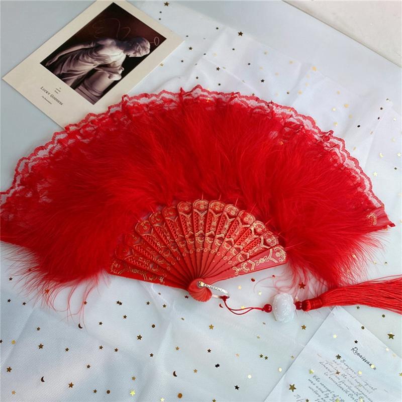 Chinese Style Feather Folding Fans Soft Fluffy Hand Held Wedding Party Gift Girls Dance Lace Fan Cosplay Stage Prop Home Decor