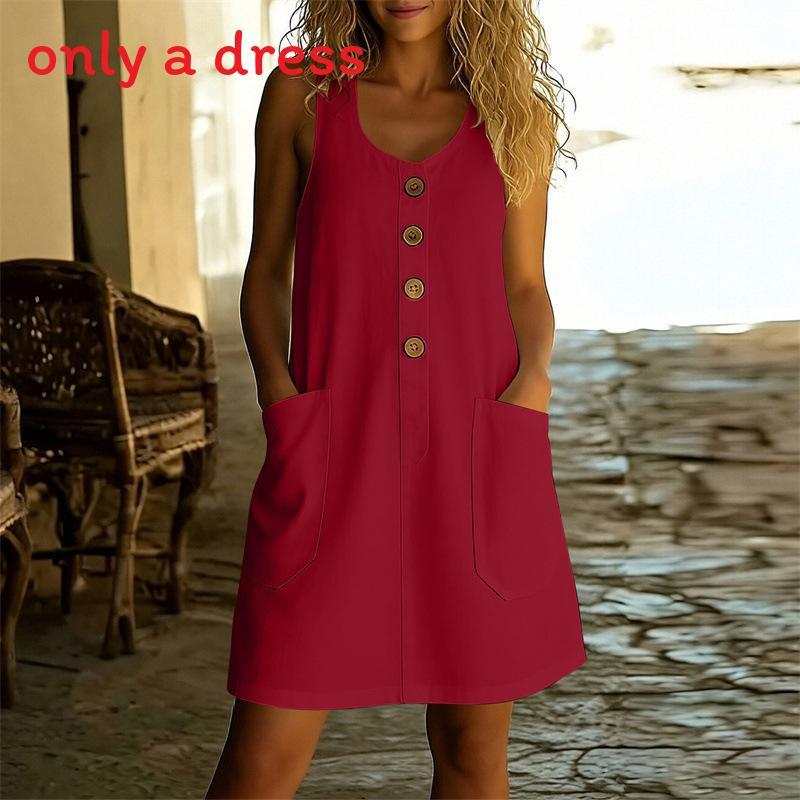 Abito Estivo Casual Senza Maniche in Lino Monocolore Giuntato con Scollo a U per Donna