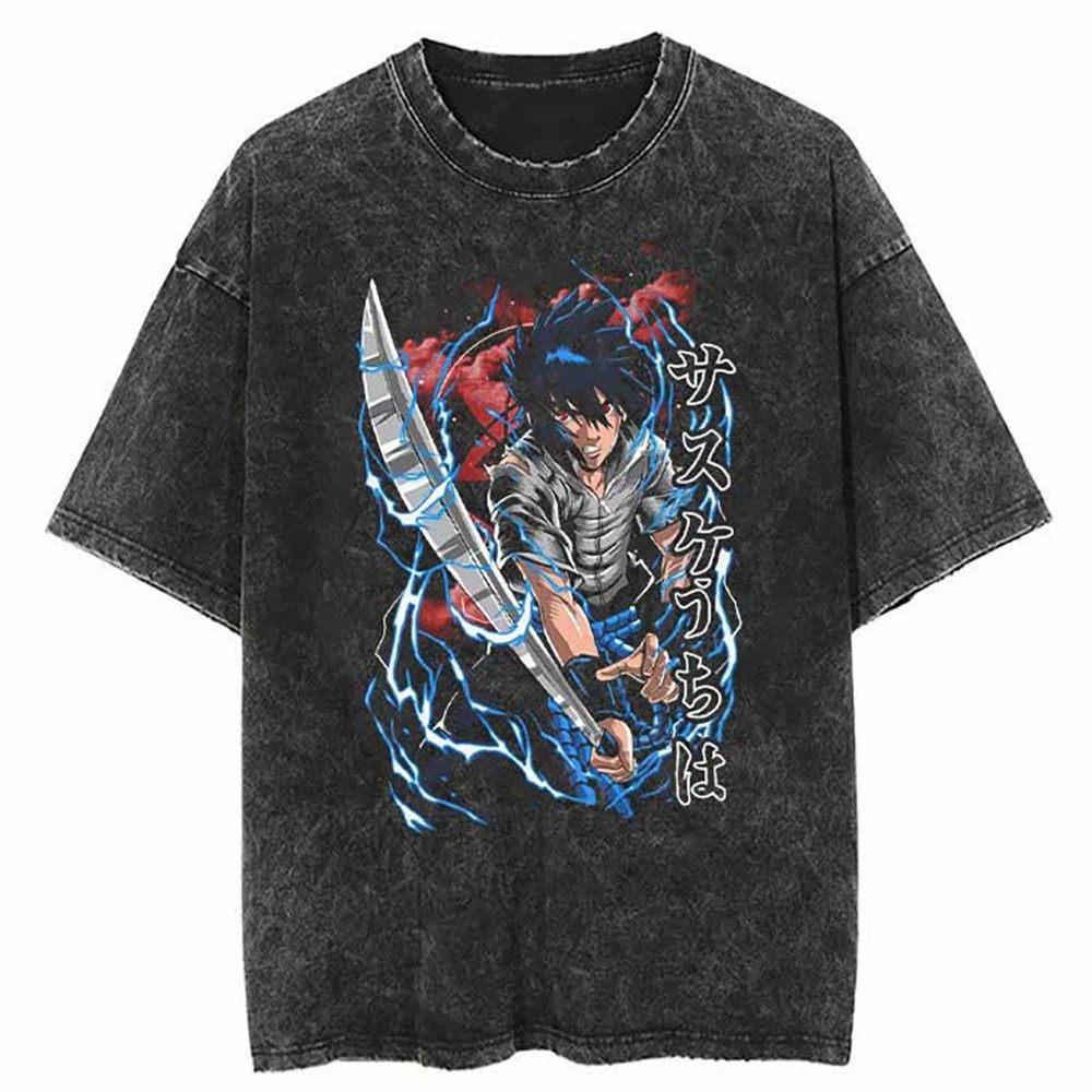 Streetwear Washed Naruto Anime T-shirt for Men and Women Pure Cotton Summer New Short Sleeve Retro Vintage Design