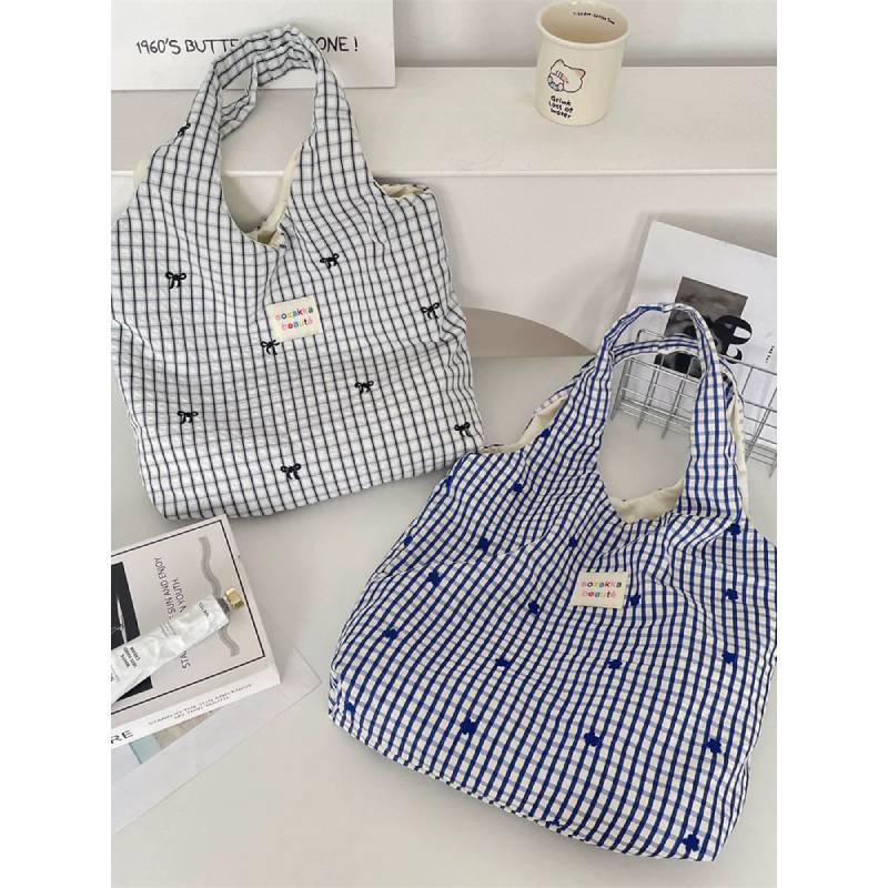 Summer Plaid Embroidered Tote Bag With Zipper Pocket For Casual Day Out