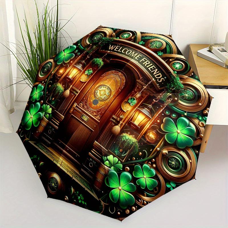 St. Patrick s Day Doorway Decor: Welcome Friends Sign with Lucky ShamrocksUmbrella, Portable 3-Fold Compact Umbrella for Men & Women Gift